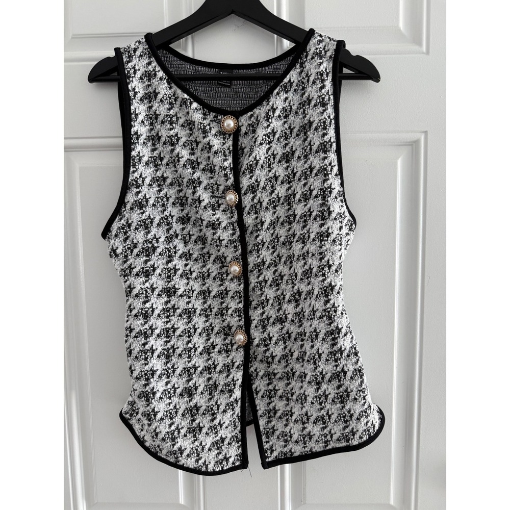 Shein Houndstooth Tweed Vest Black White Pearl Button Sleeveless Knit Top Large - Picture 1 of 4